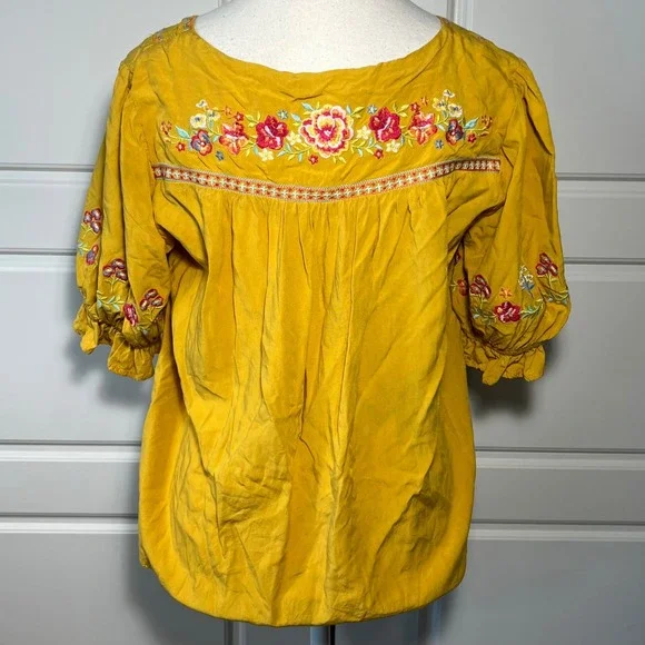 Savanna Jane Embroidered Tunic Top Yellow Mustard Short Sleeve Boho‎ M - Picture 3 of 8